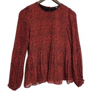 Zara Peplum Long Sleeve Round Neck Burgundy Blouse Top Size M